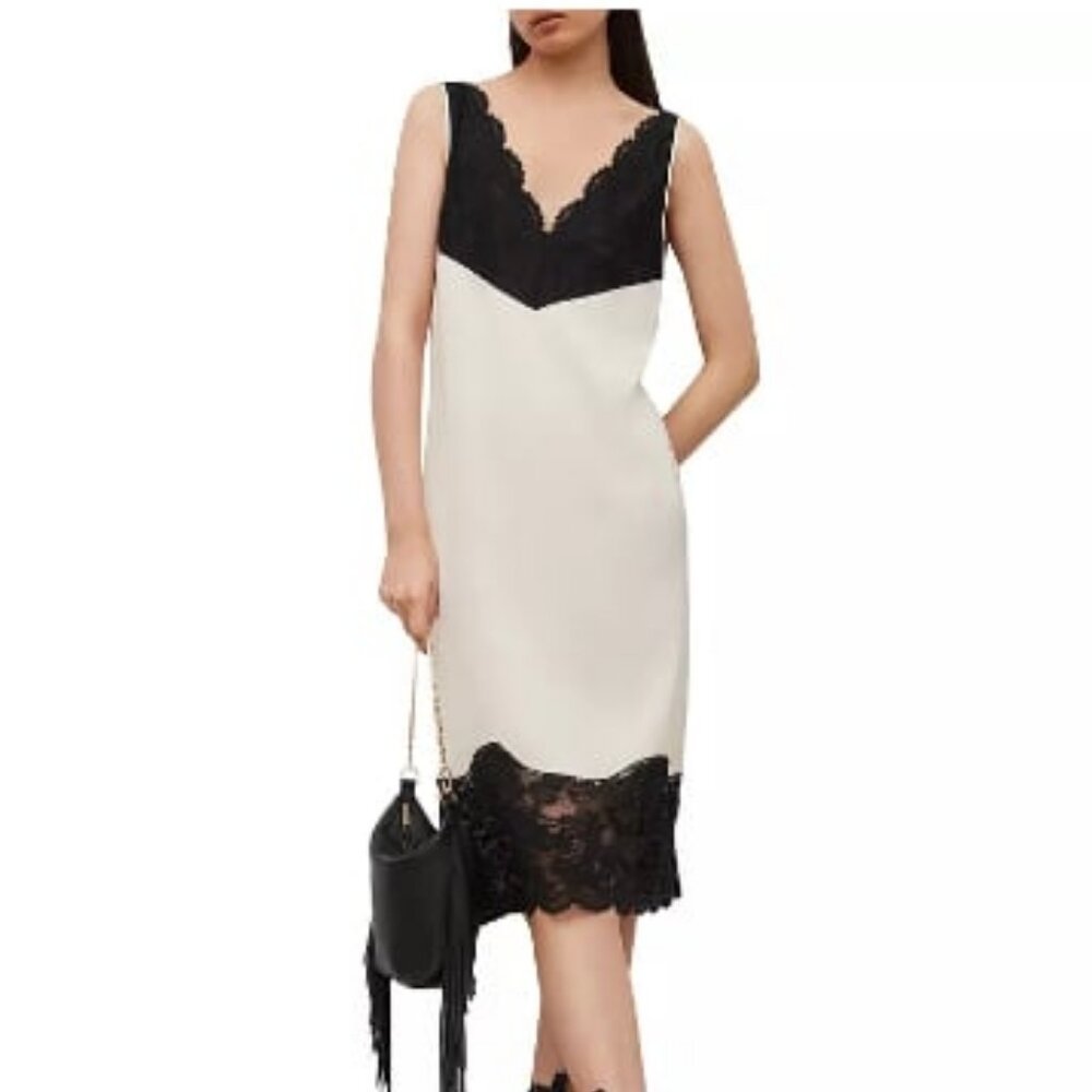 NWT ALL SAINTS Celeste Cream Satin Black Lace Boho Midi Shift Dress 10 MSRP $249